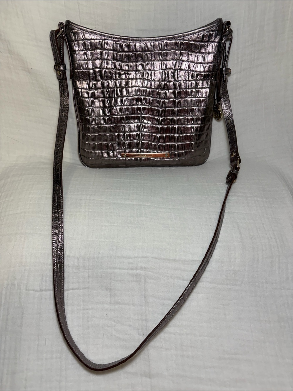 Brahmin Katie Zip Top Crossbody Bag Metallic Graphite Croc-Embossed Leather